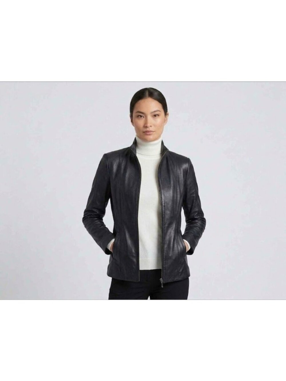 Van Heusen Black Genuine Leather Jacket Women's Size Large Fitted Zip Up Pockets - Picture 14 of 14